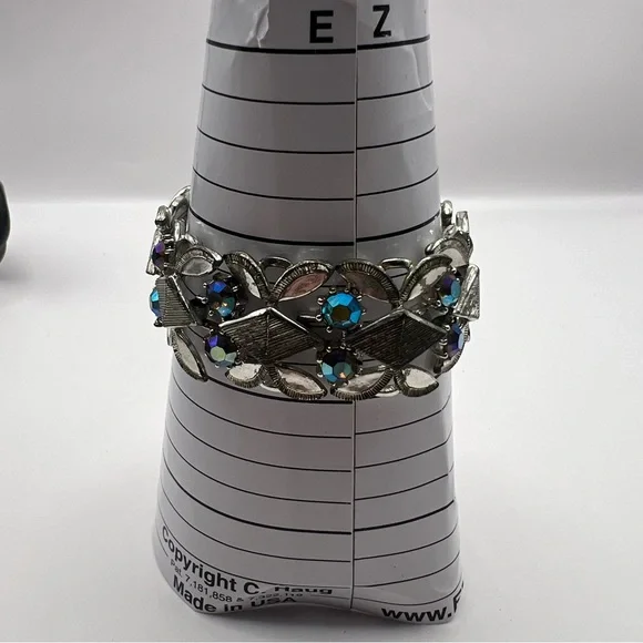 Elegant Silver Tone & Purple AB Vintage Panel Bracelet Size 6.5 - Picture 9 of 11